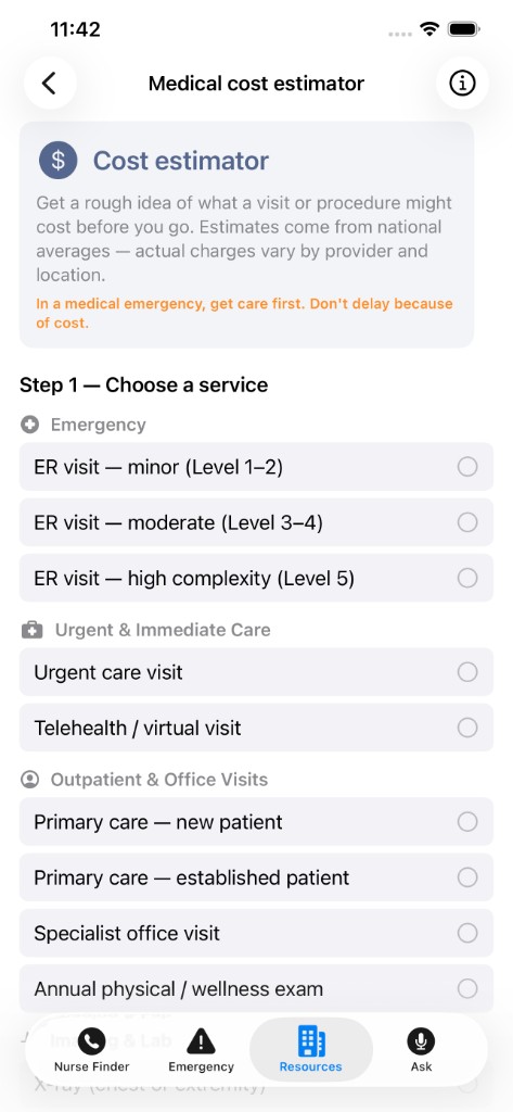 ContactNurse Medical Cost Estimator screen showing service options for ER, urgent care, and office visits