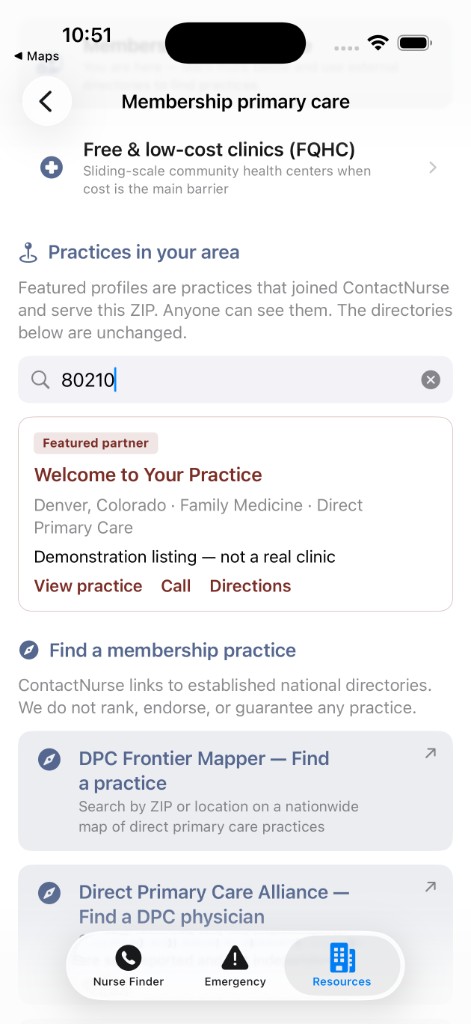 ContactNurse Membership primary care screen showing a practice labeled Featured partner above national DPC directories, with a note that ContactNurse does not rank, endorse, or guarantee any practice