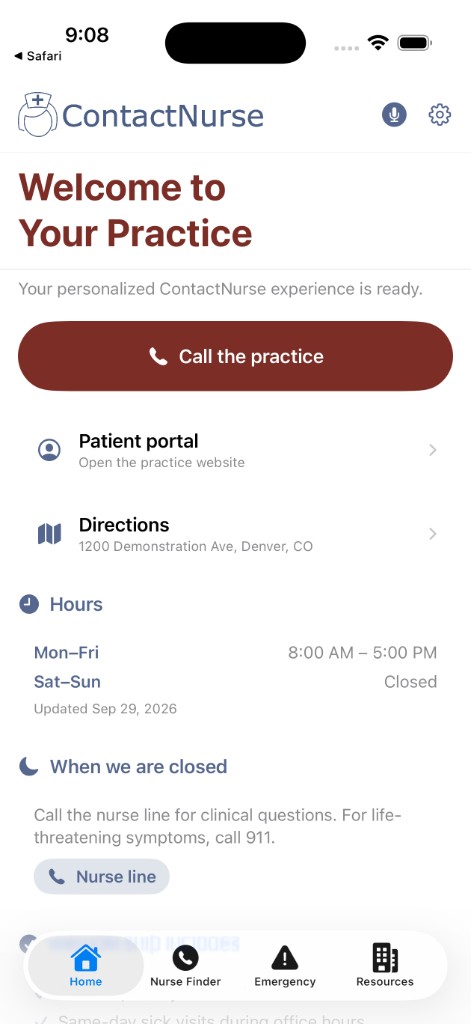 ContactNurse practice-branded home screen reading Welcome to Your Practice, with a Call the practice button, patient portal, directions, hours, and an after-hours nurse line