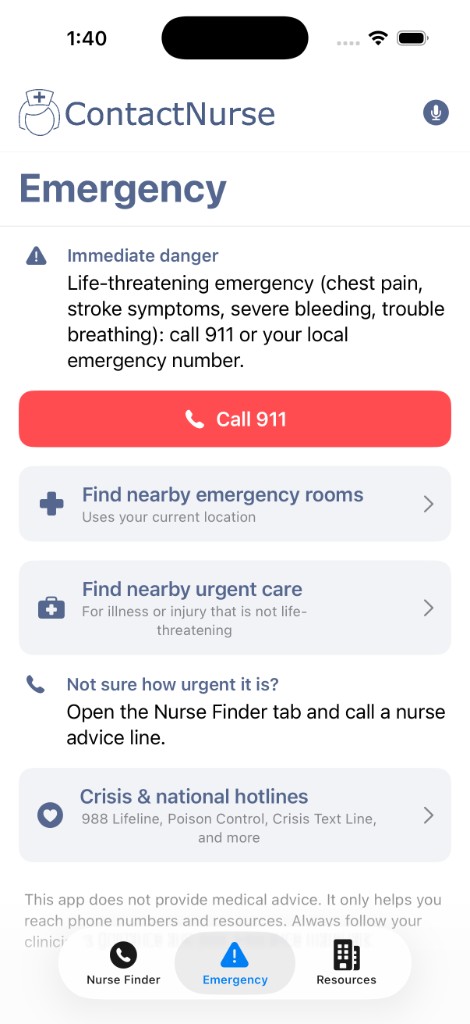 ContactNurse Emergency tab with Call 911, find nearby emergency rooms and urgent care, and crisis hotlines