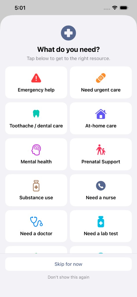 ContactNurse app showing a What do you need? screen with options for emergency help, urgent care, dental care, prenatal support, mental health, nurse lines, doctors, lab tests, and low-cost care