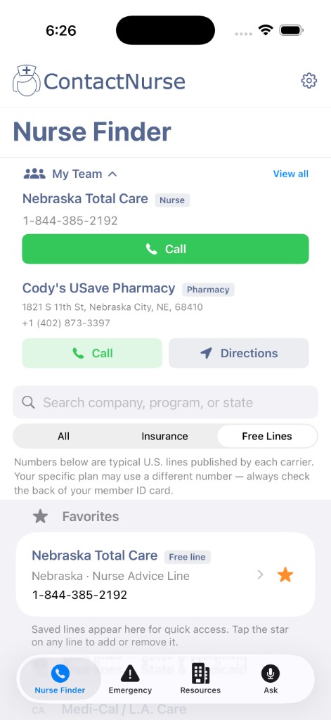 ContactNurse My Team screen showing saved nurse line, Nurse Finder, and saved physicians, dentists, and pharmacy