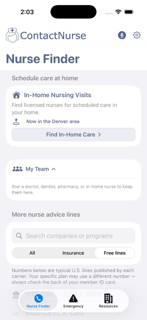 ContactNurse Nurse Finder with the Free lines filter on and a search field for nurse advice lines