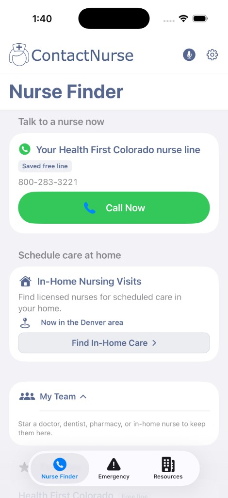 ContactNurse Nurse Finder tab with a saved free nurse line, Call Now button, and Nurse Finder, Emergency, and Resources tabs