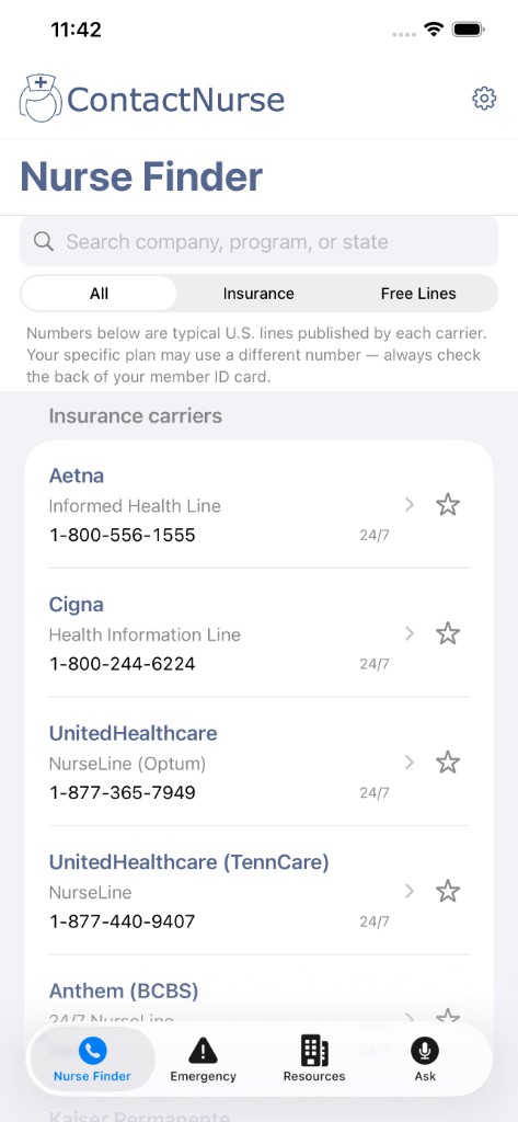 ContactNurse Nurse Finder screen listing insurance nurse advice lines with phone numbers and favorites