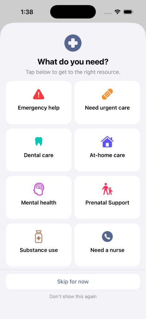 ContactNurse onboarding screen titled What do you need? with options such as Emergency help, Need urgent care, Dental care, and Need a nurse