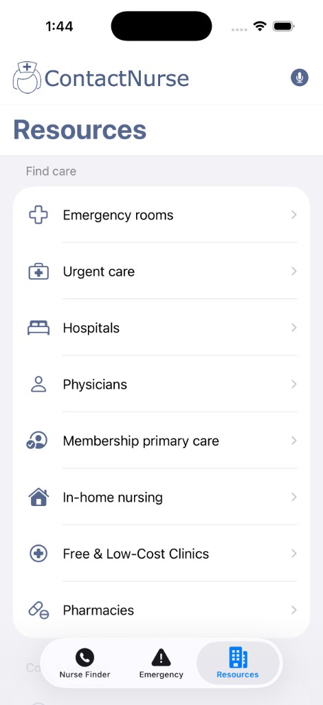 ContactNurse Resources tab listing Free and Low-Cost Clinics, in-home nursing, membership primary care, and other directories