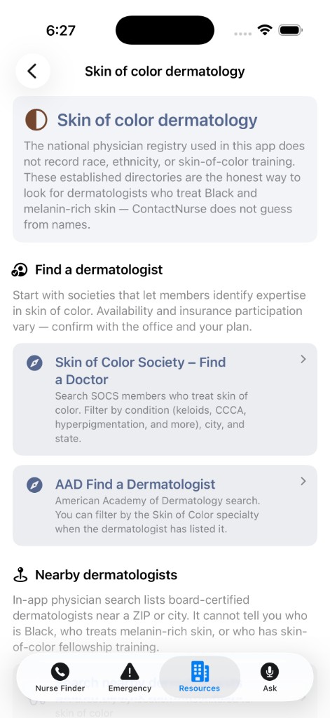 ContactNurse Skin of color dermatology screen with Skin of Color Society and AAD Find a Dermatologist links